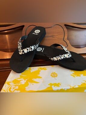 Yellow Box Doris Black Sandals with Crystal Embellishments